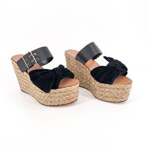 Valentino Black Suede Bow Braided Raffia Espadrille Wedge Sandals Size 38 US 8